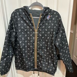 KWAY Waterproof Black Floral Hooded Jacket w rainbow zipper trim reversible M